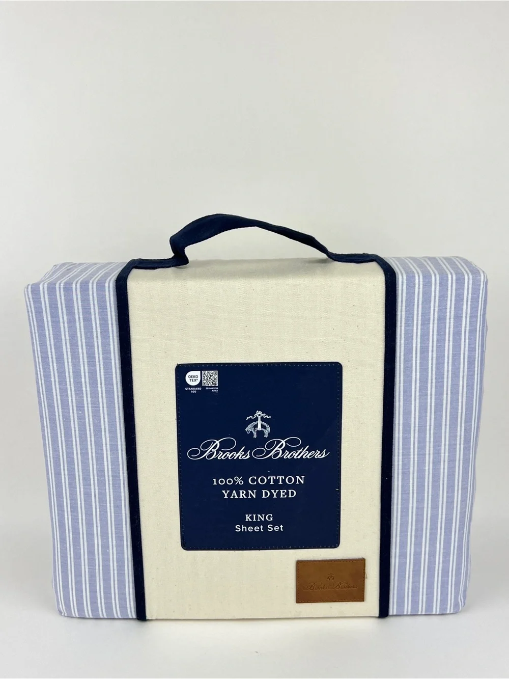 Brooks Brothers King Sheet Set Blue White Striped Cotton Yarn Dyed 4 Pc Set NEW